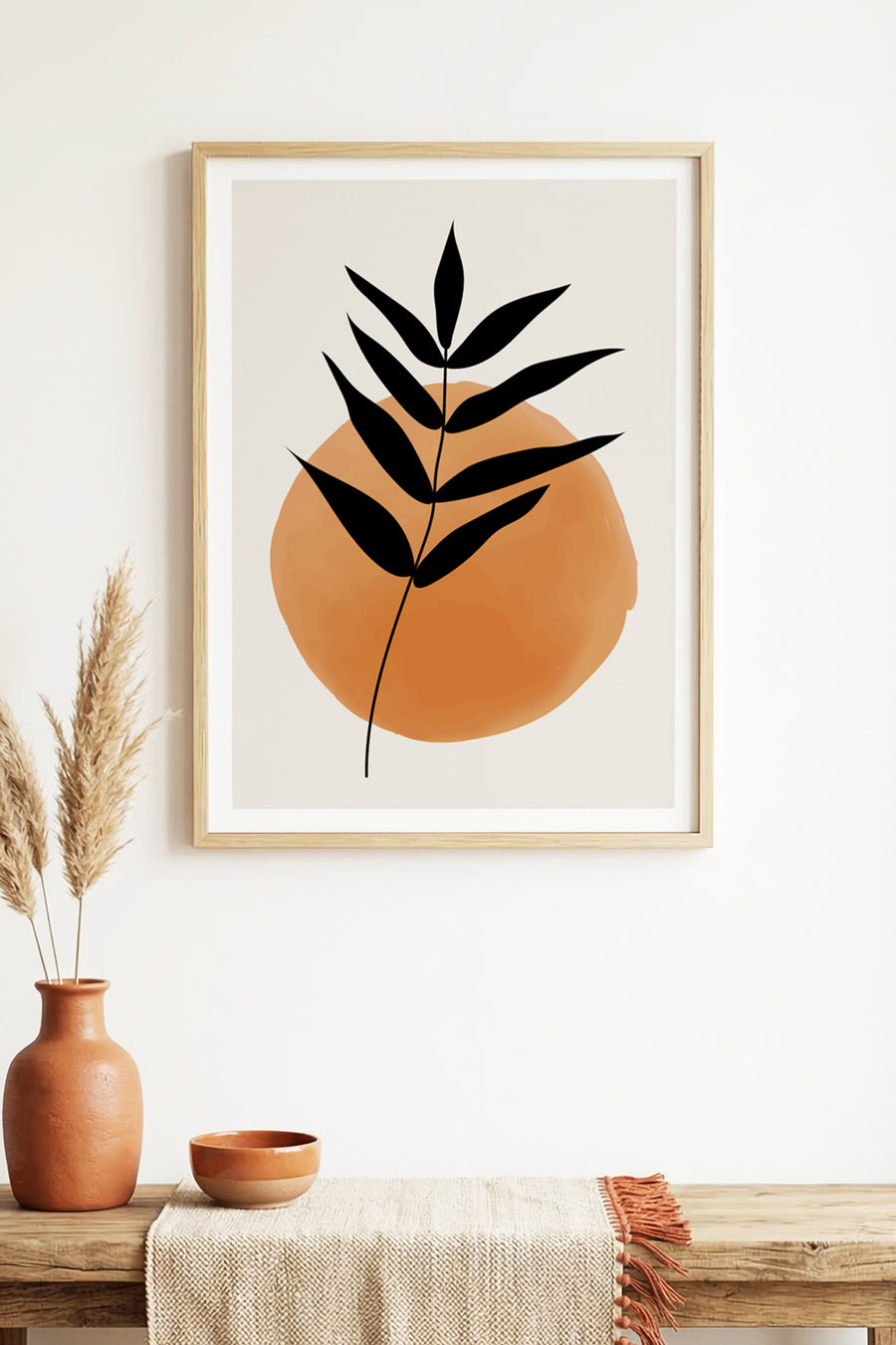Doğal Ahşap Çerçeveli Minimal Yaprak Desenli Tablo - Pastel Tonlar | huhu1465
