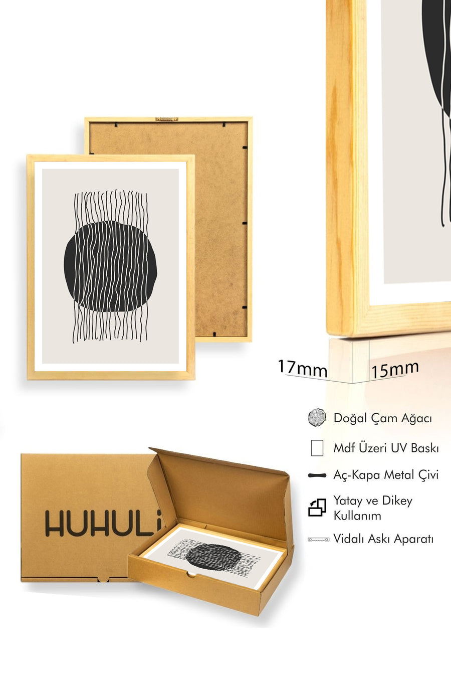 Doğal Ahşap Çerçeveli Minimal Desenli Tablo - Siyah-Beyaz | huhu1034