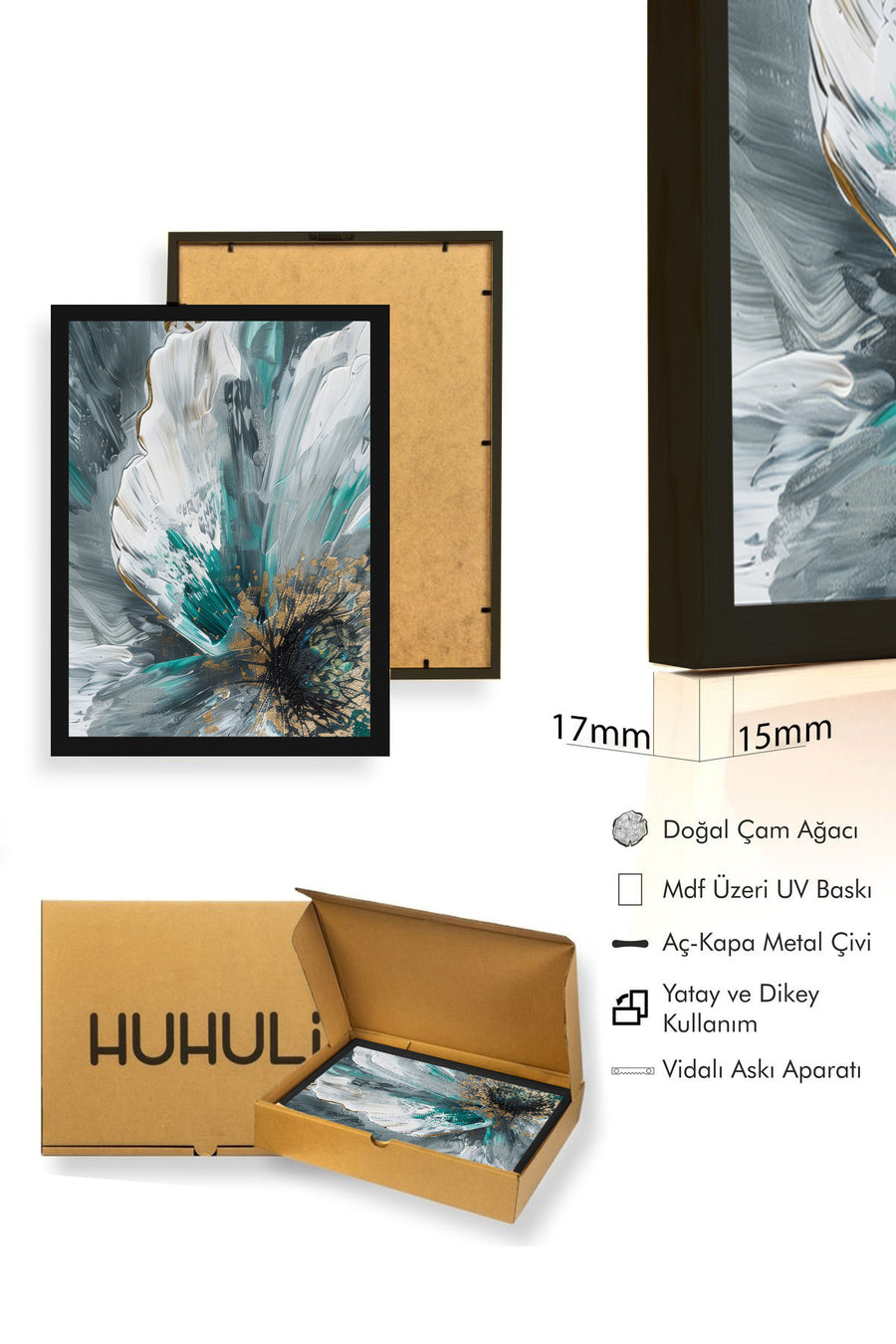 Doğal Ahşap Çerçeveli Soyut Çiçek Desenli Tablo - Canlı Tonlar | huhu1297