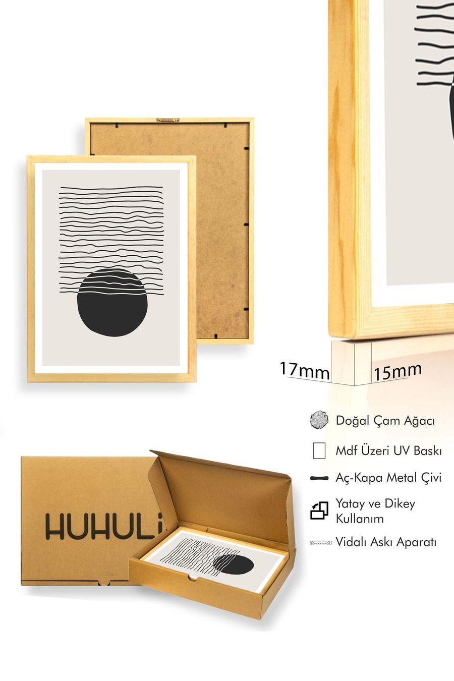 Doğal Ahşap Çerçeveli Minimal Geometrik Desenli Tablo - Siyah-Beyaz | huhu1035