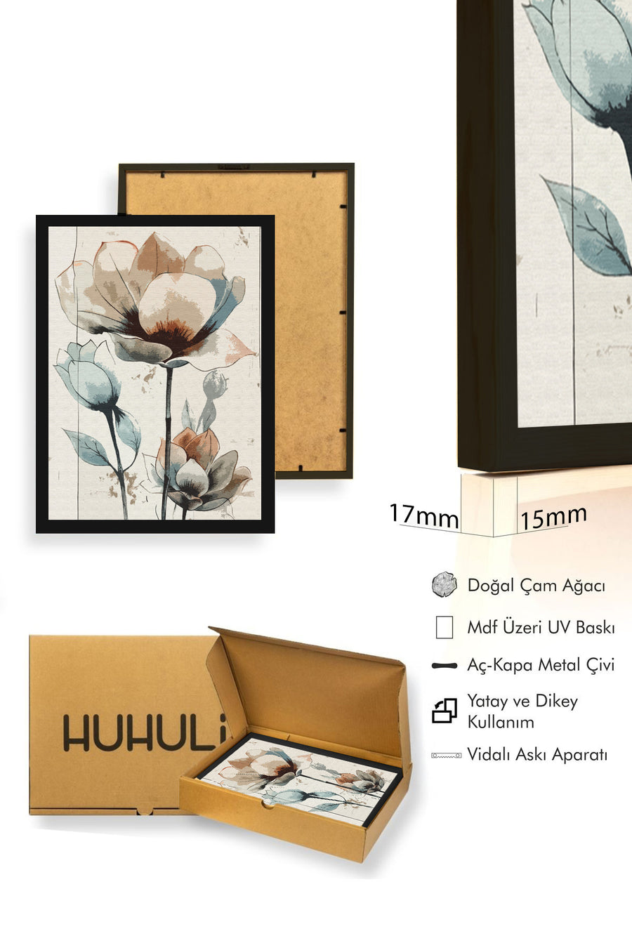 Doğal Ahşap Çerçeveli Çiçek Desenli Tablo - Pastel Tonlar | huhu1313