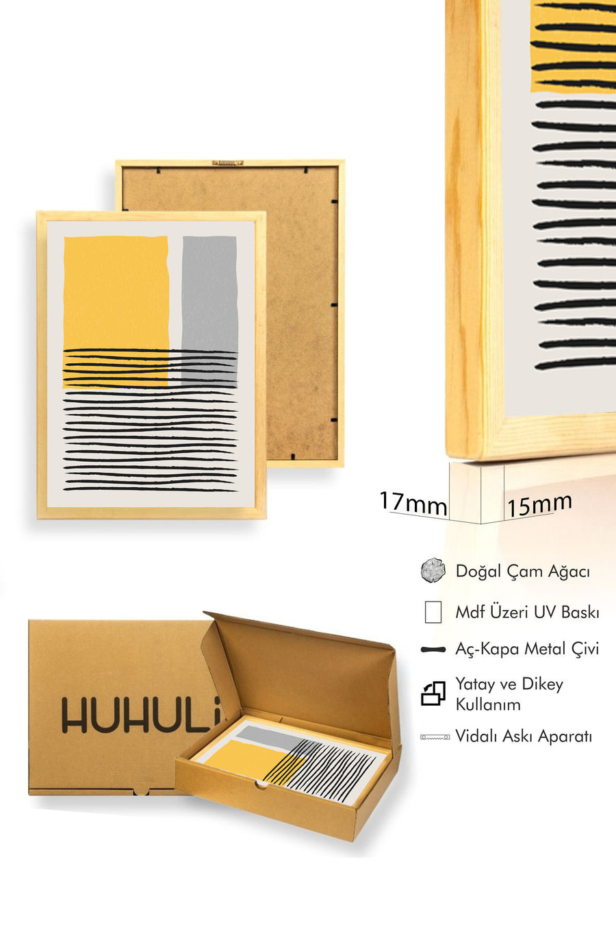 Doğal Ahşap Çerçeveli Soyut Desenli Tablo - Canlı Tonlar | huhu1367