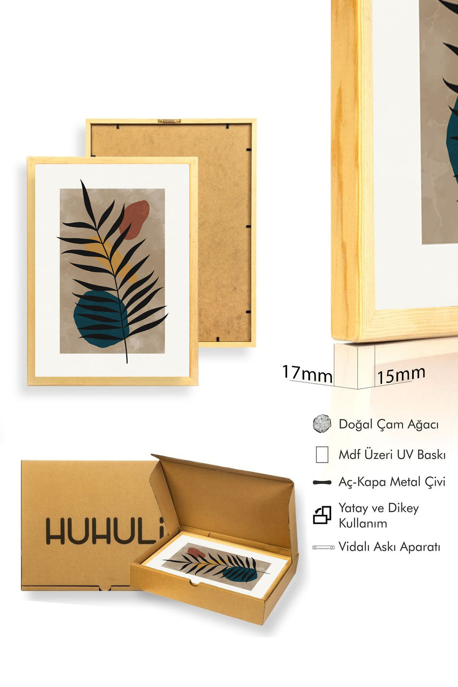 Doğal Ahşap Çerçeveli Minimal Yaprak Desenli Tablo - Canlı Tonlar | huhu1326