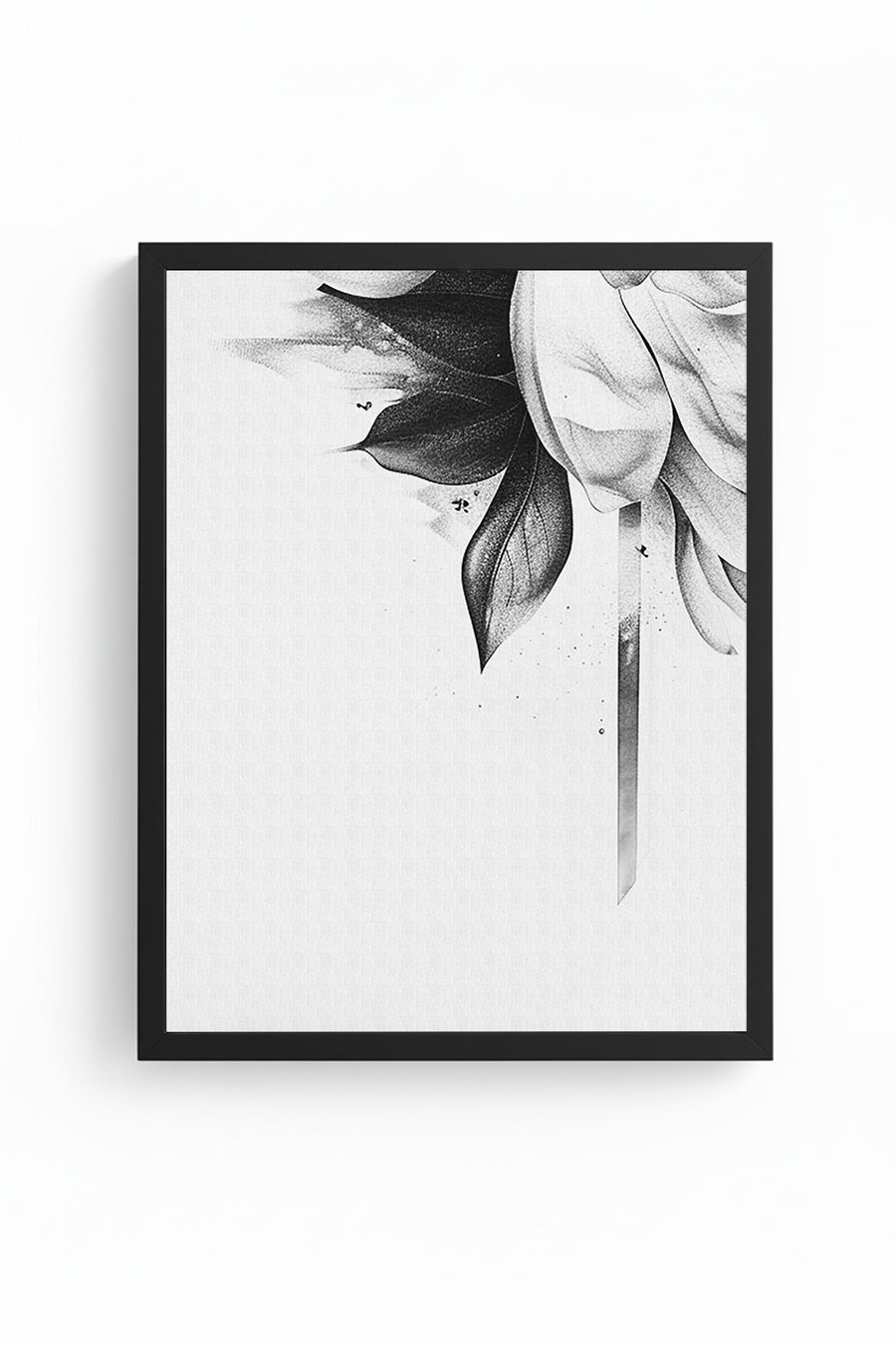 Doğal Ahşap Çerçeveli Minimal Siyah Beyaz Çiçek Desenli Tablo - Modern Tema | huhu1315