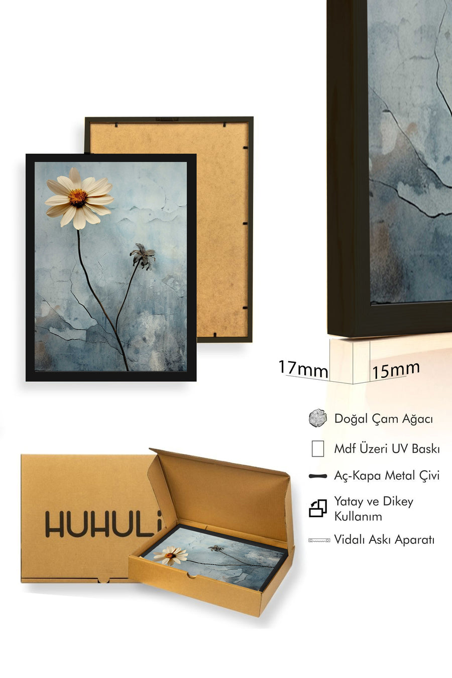 Doğal Ahşap Çerçeveli Çiçek Desenli Tablo - Pastel | huhu1301