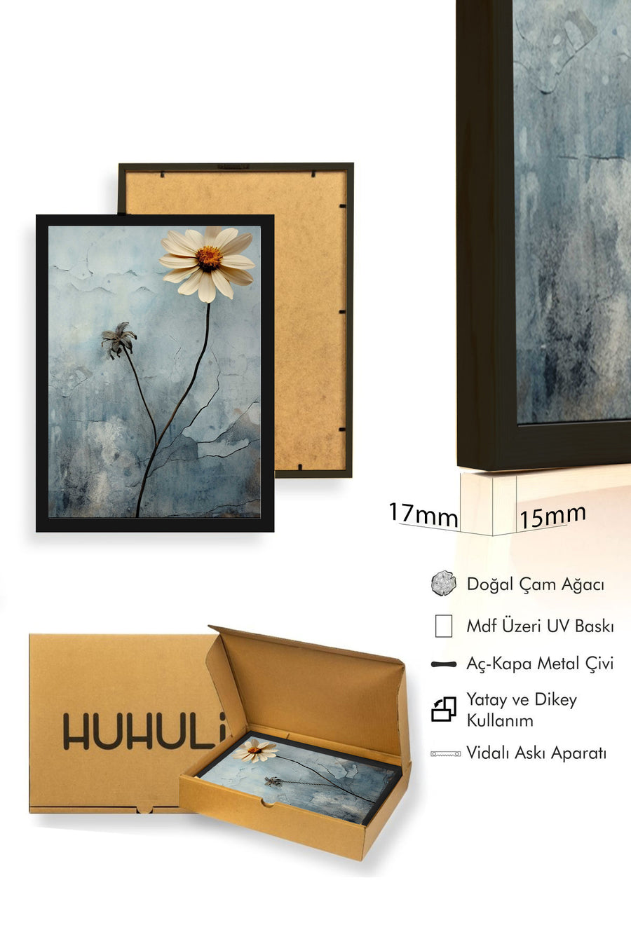 Doğal Ahşap Çerçeveli Çiçek Desenli Tablo - Soyut | huhu1302