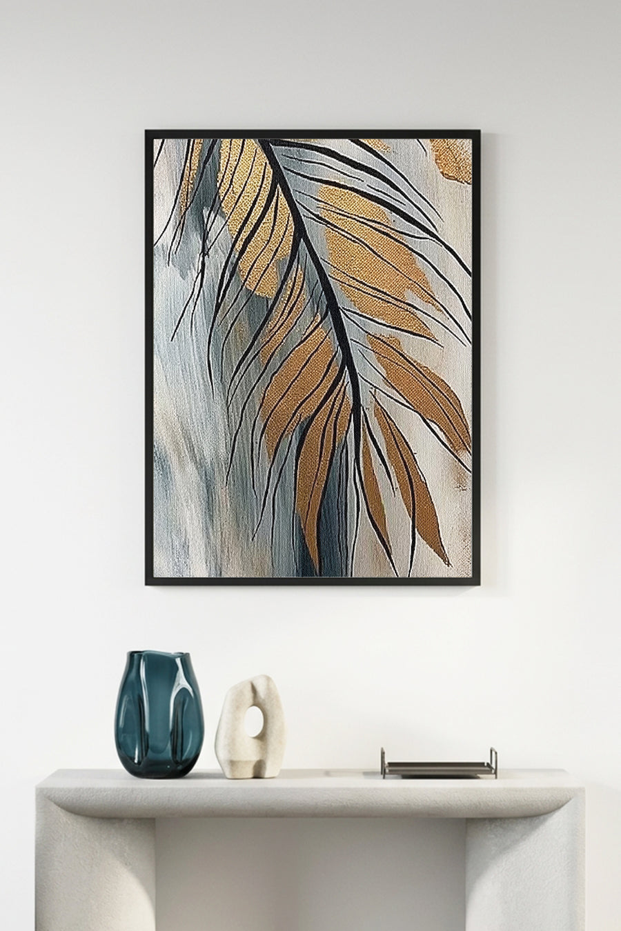 Doğal Ahşap Çerçeveli Yaprak Desenli Tablo - Pastel Tonlar | huhu1308