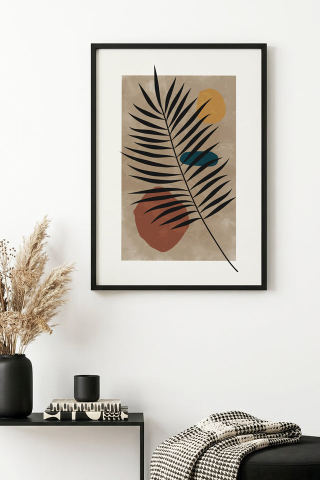 Doğal Ahşap Çerçeveli Minimal Yaprak Desenli Tablo - Pastel Tonlar | huhu1328