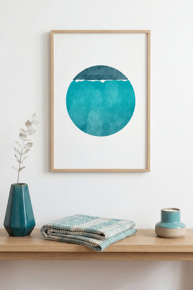 Doğal Ahşap Çerçeveli Soyut Mavi Tonlarda Tablo - Minimal | huhu1407