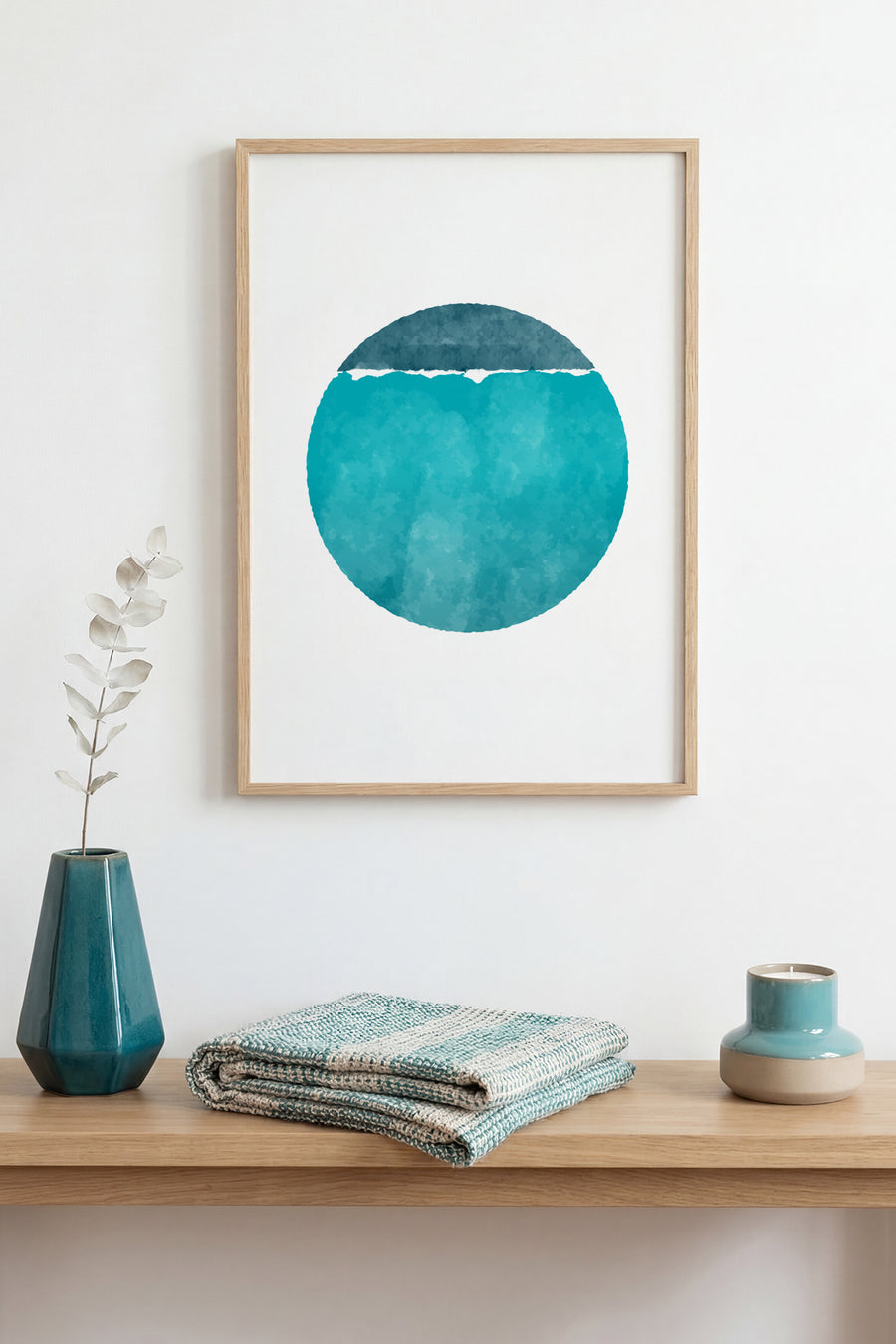 Doğal Ahşap Çerçeveli Soyut Mavi Tonlarda Tablo - Minimal | huhu1407