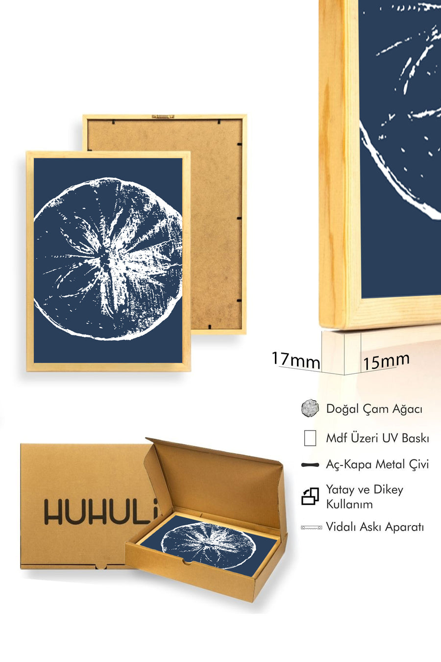Doğal Ahşap Çerçeveli Soyut Meyve Desenli Tablo - Lacivert | huhu1077