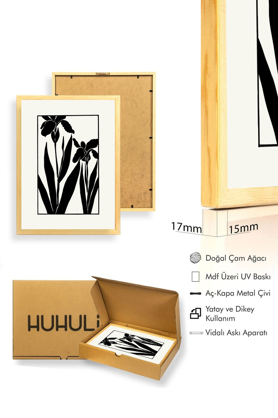 Doğal Ahşap Çerçeveli Çiçek Desenli Tablo - Minimal | huhu1325