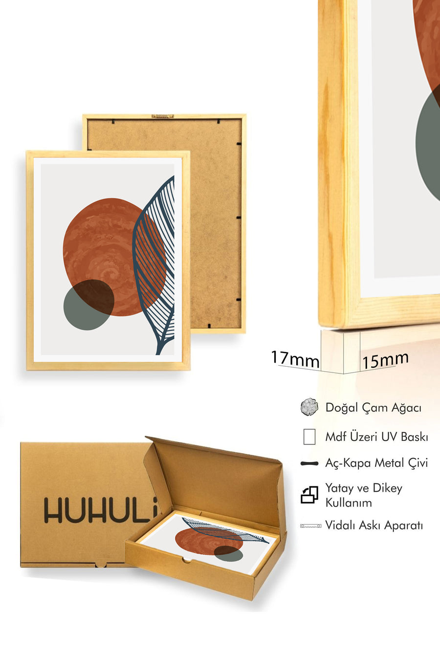Doğal Ahşap Çerçeveli Soyut Desenli Tablo - Pastel Tonlar | huhu1357