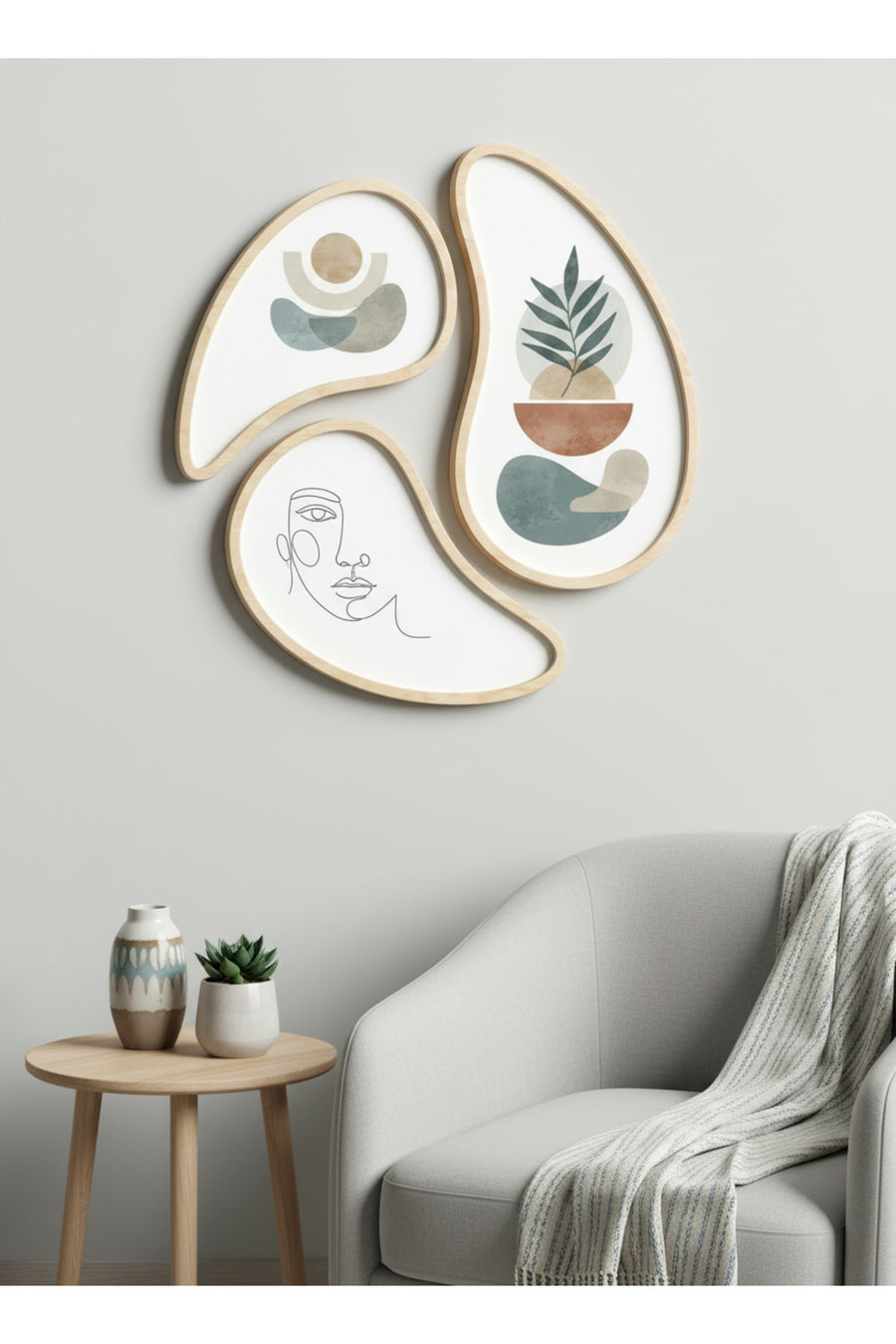 3 Parça Organik Şekilli Modern Ahşap Çerçeveli Tablo Seti - Amorf Asimetrik Duvar Dekoru