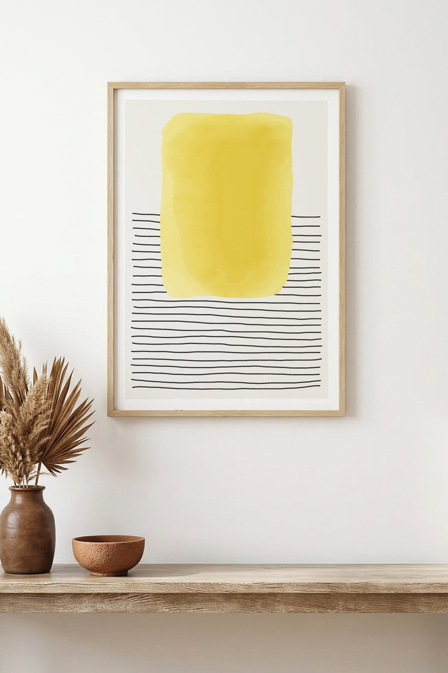 Doğal Ahşap Çerçeveli Soyut Sarı Desenli Tablo - Minimal | huhu1545