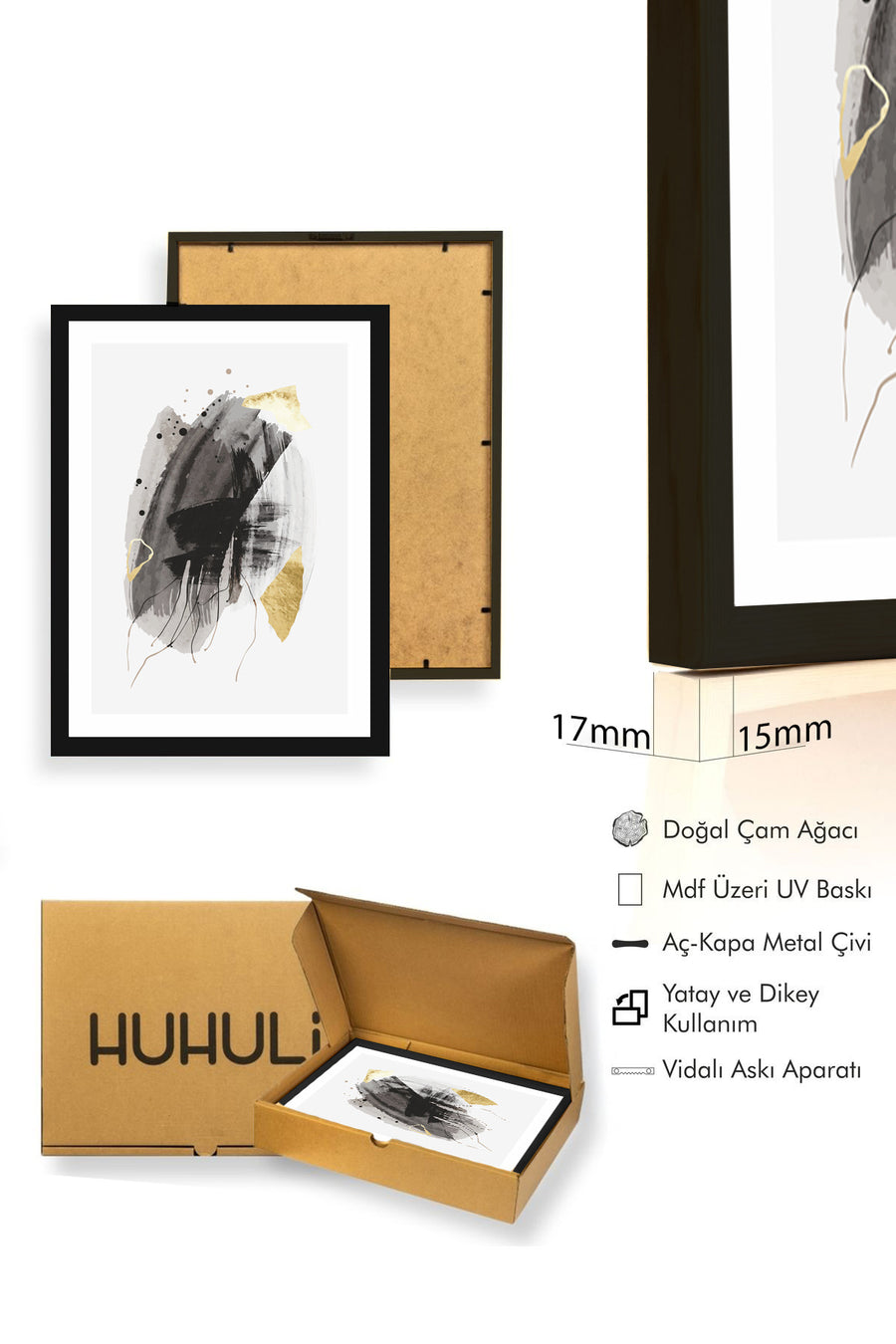 Doğal Ahşap Çerçeveli Soyut Desenli Tablo - Siyah-Gri | huhu1023