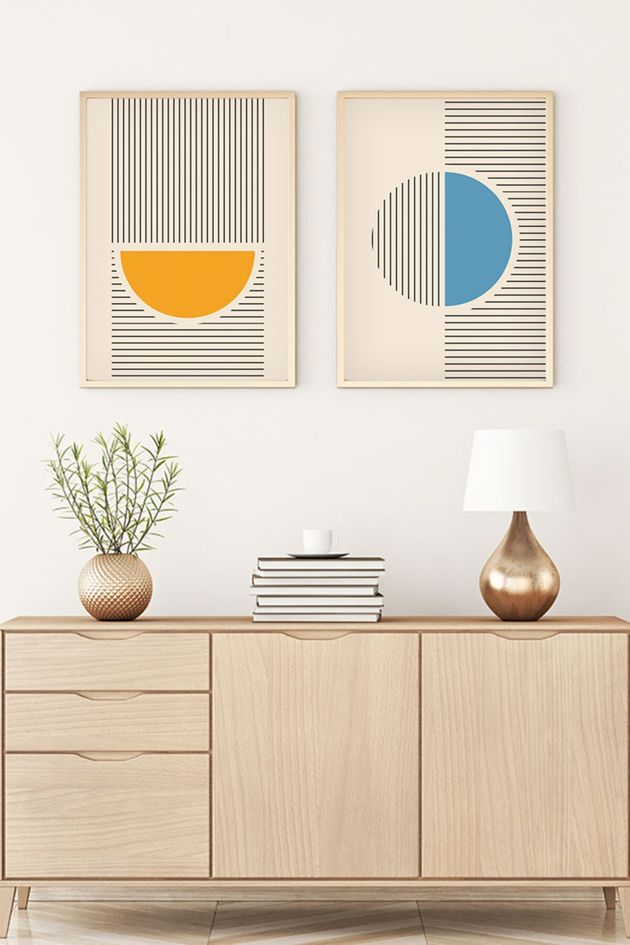 Geometrik Desenli Mavi ve Sarı Tablo Seti - Modern 2’li Set | huhu104