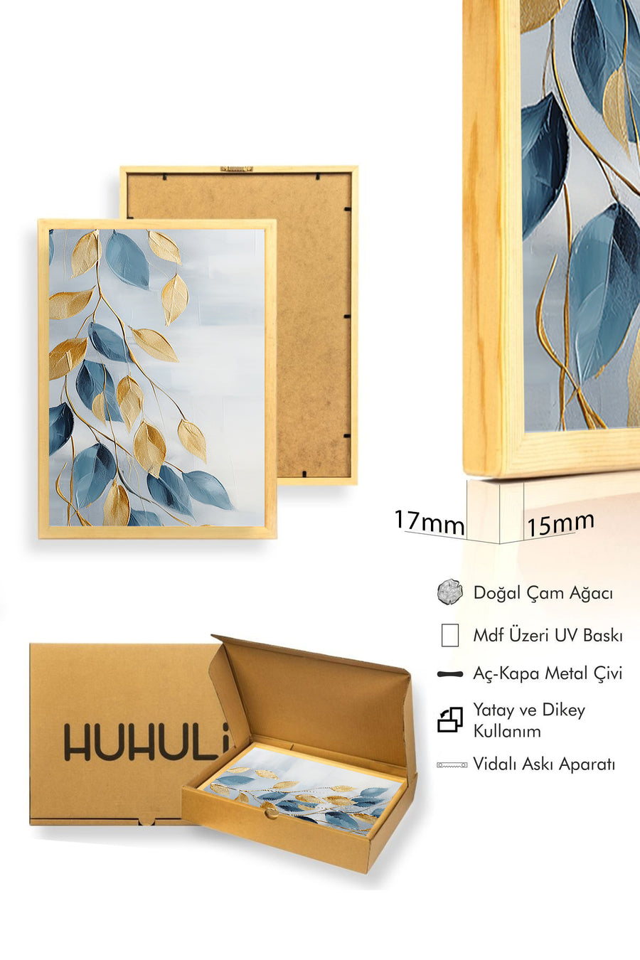 Doğal Ahşap Çerçeveli Yaprak Desenli Tablo - Mavi ve Altın | huhu1305