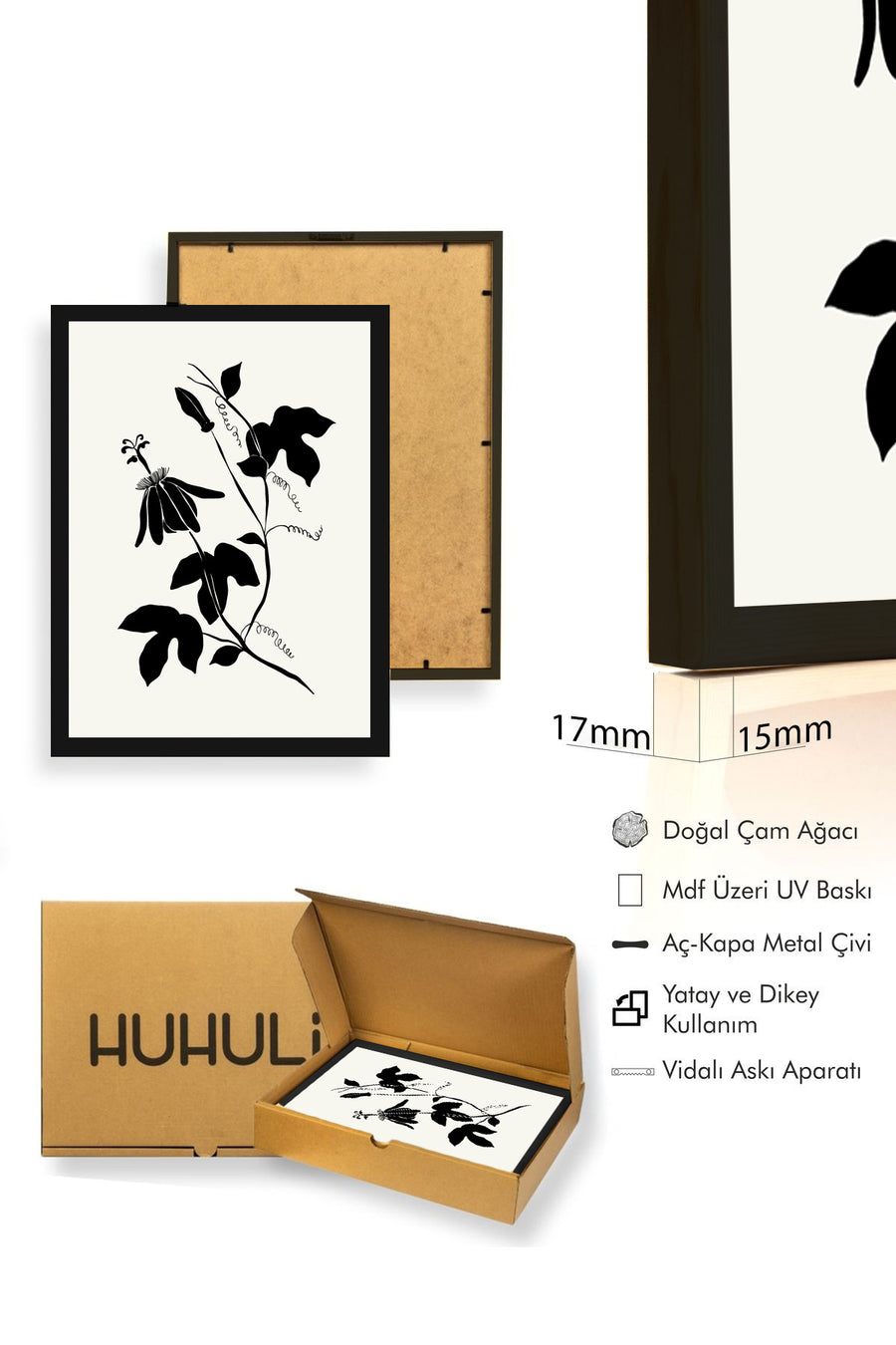Doğal Ahşap Çerçeveli Çiçek Desenli Tablo - Minimal | huhu1323