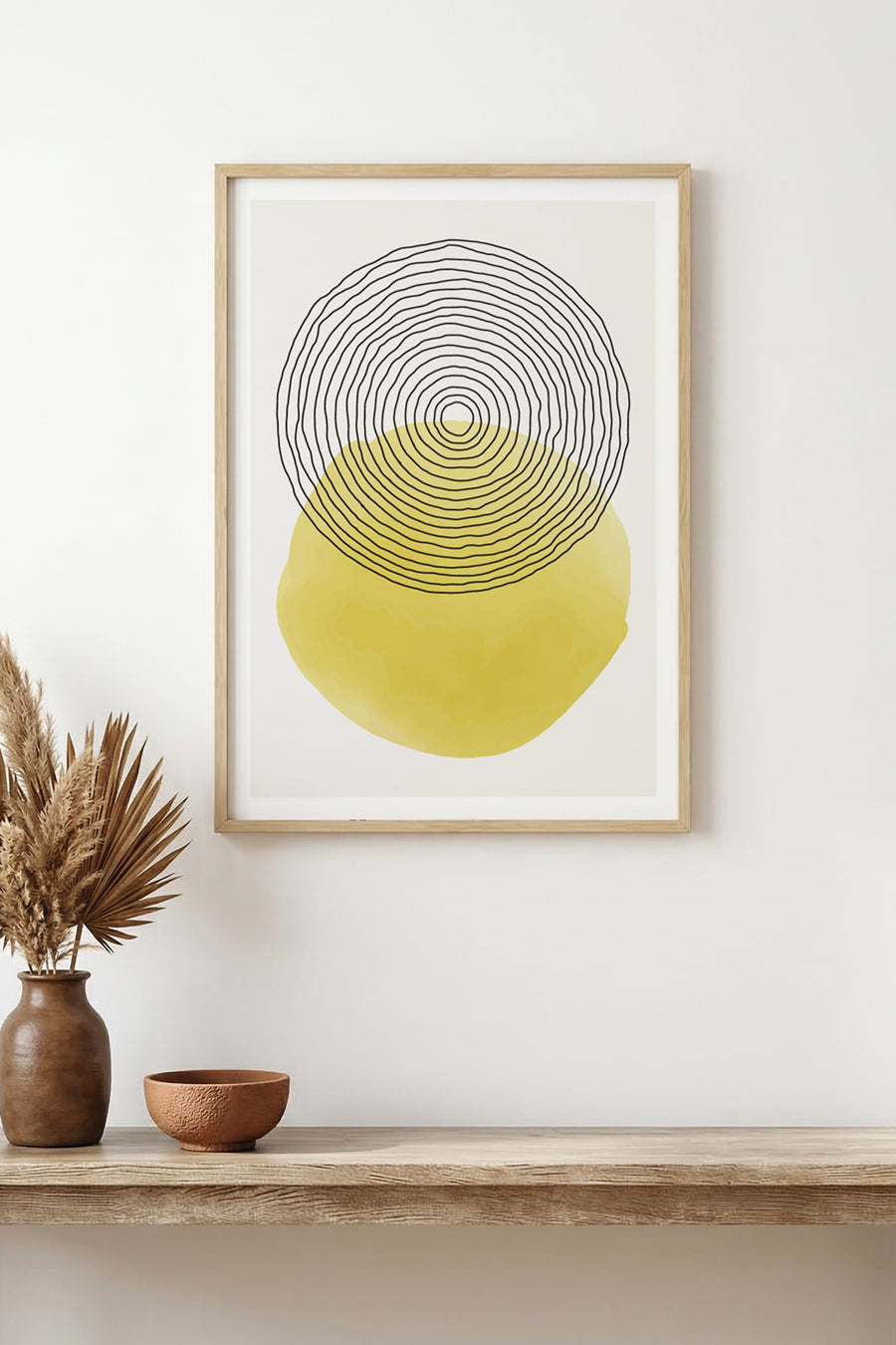 Doğal Ahşap Çerçeveli Minimal Çizgili Desenli Tablo - Pastel | huhu1562