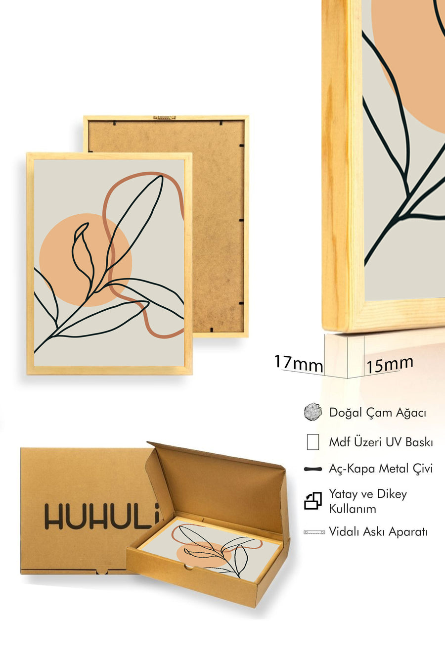 Doğal Ahşap Çerçeveli Minimal Yaprak Desenli Tablo - Pastel Tonlar | huhu1387