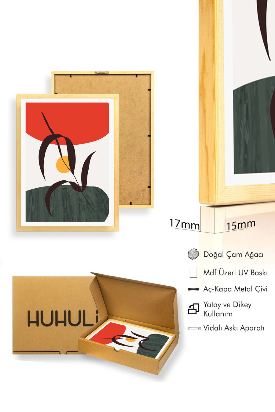 Doğal Ahşap Çerçeveli Soyut Yaprak Desenli Tablo - Canlı Tonlar | huhu1355