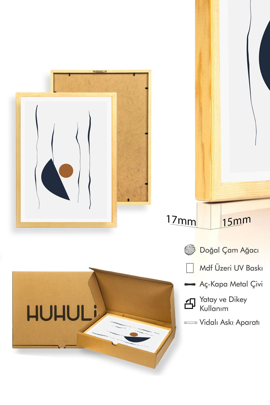 Doğal Ahşap Çerçeveli Soyut Geometrik Desenli Tablo - Canlı Tonlar | huhu1484