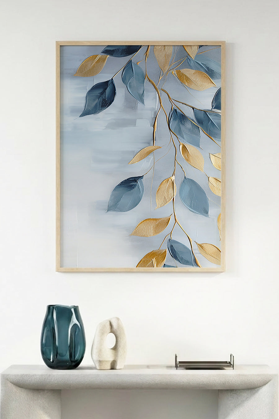 Doğal Ahşap Çerçeveli Yaprak Desenli Tablo - Mavi-Gold | huhu1307
