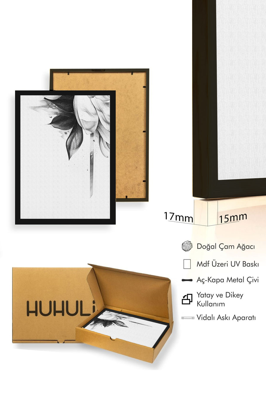 Doğal Ahşap Çerçeveli Minimal Siyah Beyaz Çiçek Desenli Tablo - Modern Tema | huhu1315