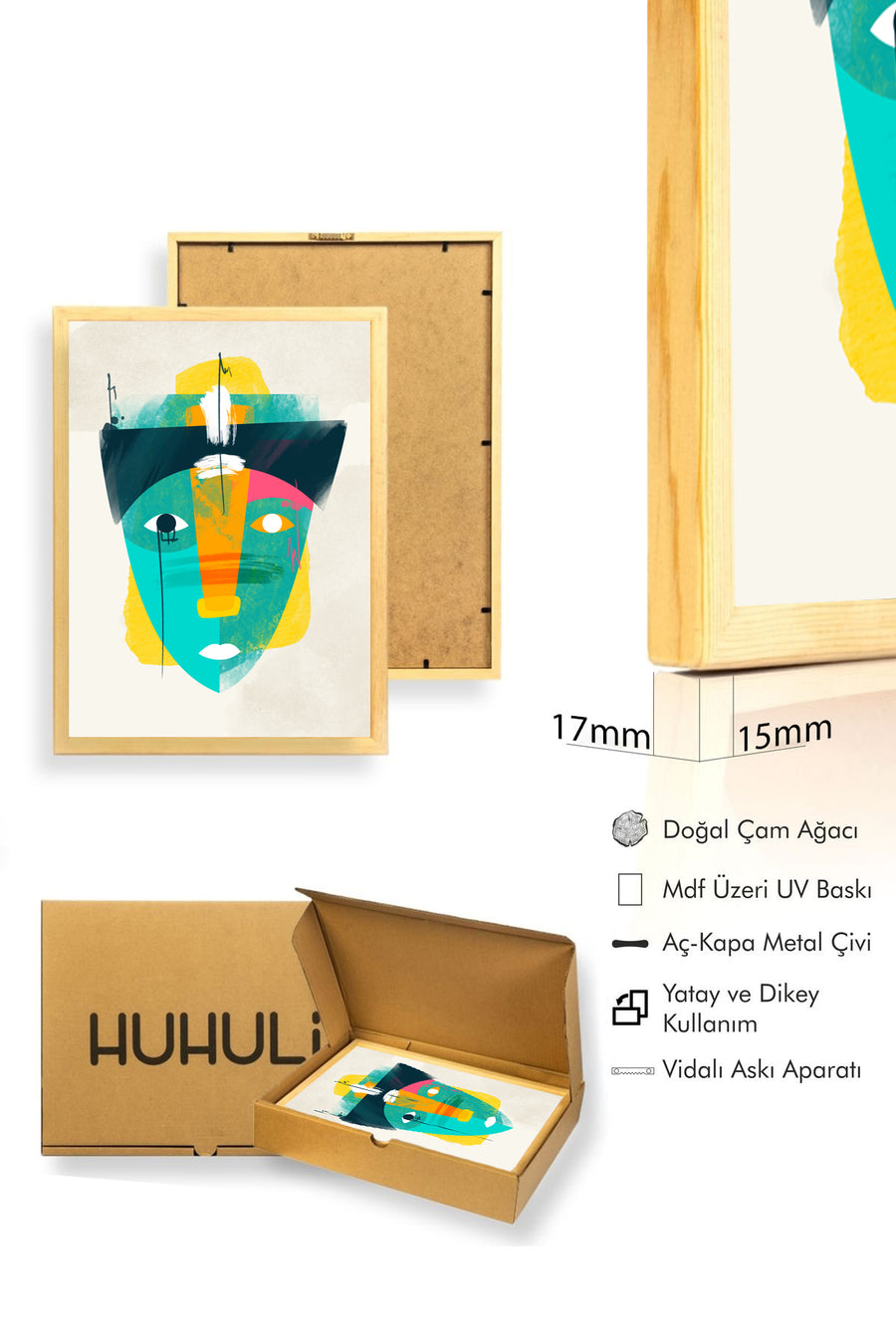 Doğal Ahşap Çerçeveli Soyut Yüz Desenli Tablo - Canlı Tonlar | huhu1455