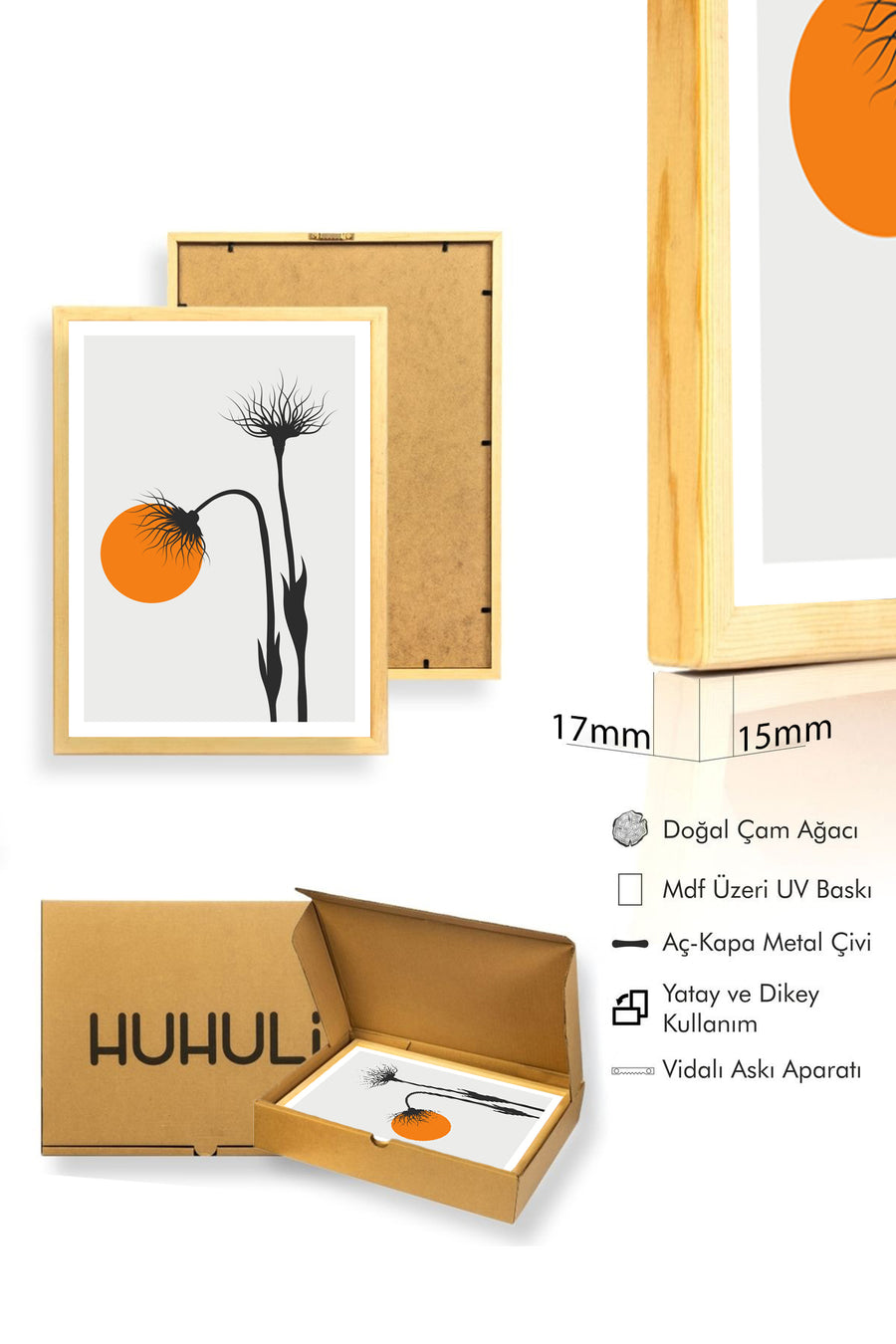 Doğal Ahşap Çerçeveli Soyut Çiçek Desenli Tablo - Canlı Tonlar | huhu1060