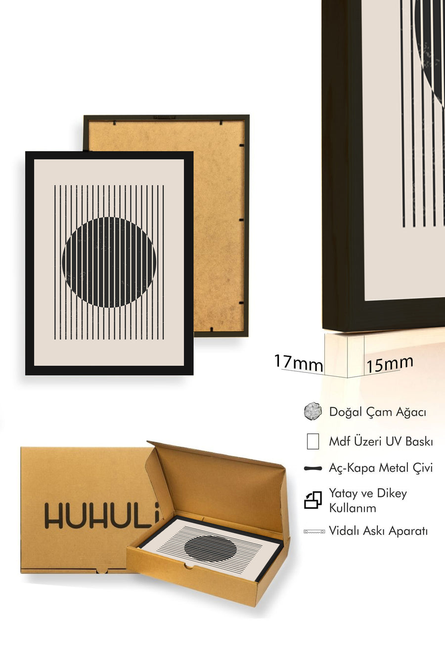 Doğal Ahşap Çerçeveli Minimal Çizgili Tablo - Soyut | huhu1032