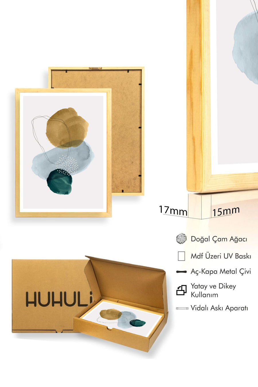 Doğal Ahşap Çerçeveli Soyut Desenli Tablo - Pastel Tonlar | huhu1511