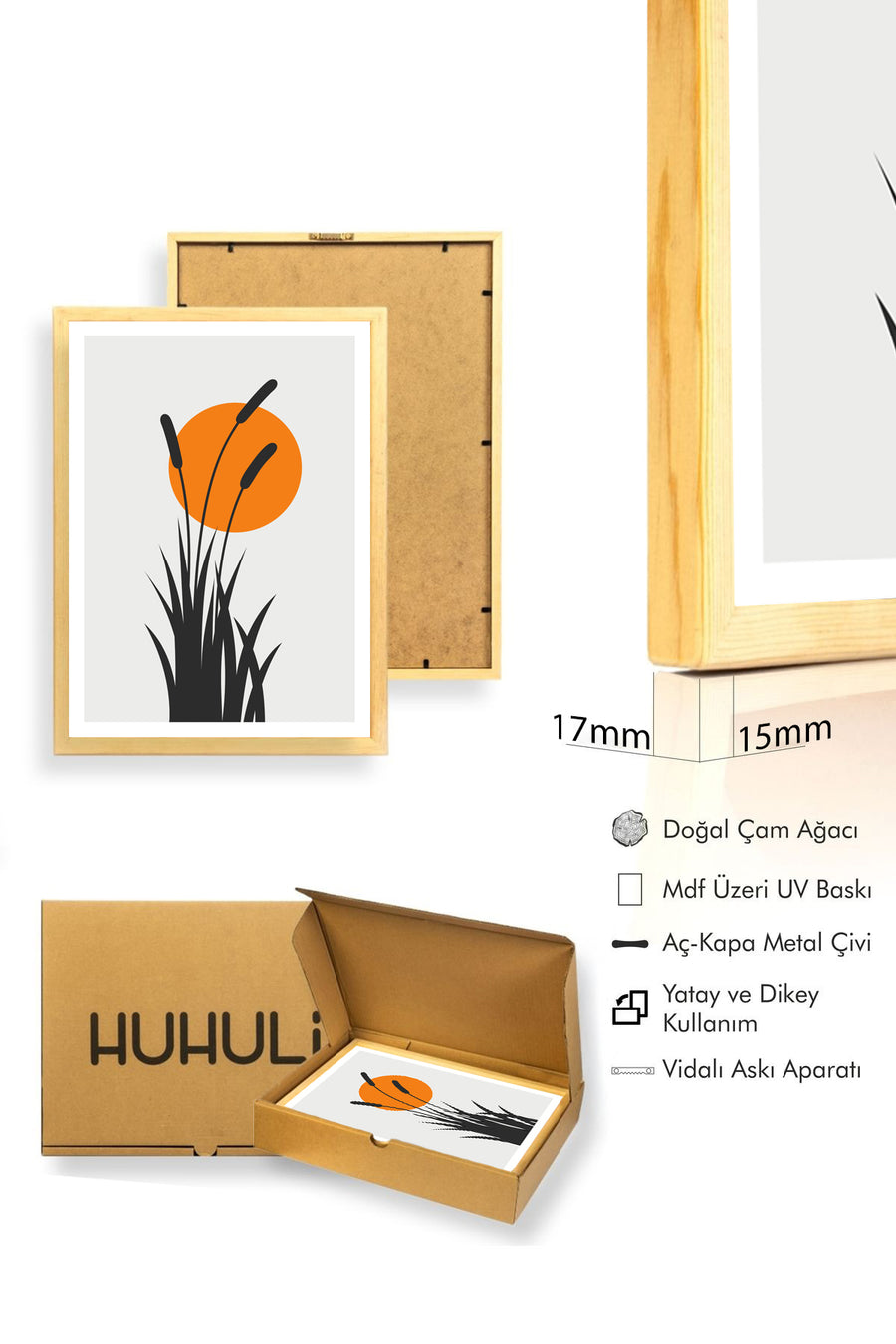 Doğal Ahşap Çerçeveli Soyut Bitki Desenli Tablo - Canlı Tonlar | huhu1062