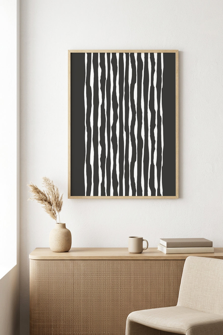 Doğal Ahşap Çerçeveli Çizgili Desenli Tablo - Minimal | huhu1068