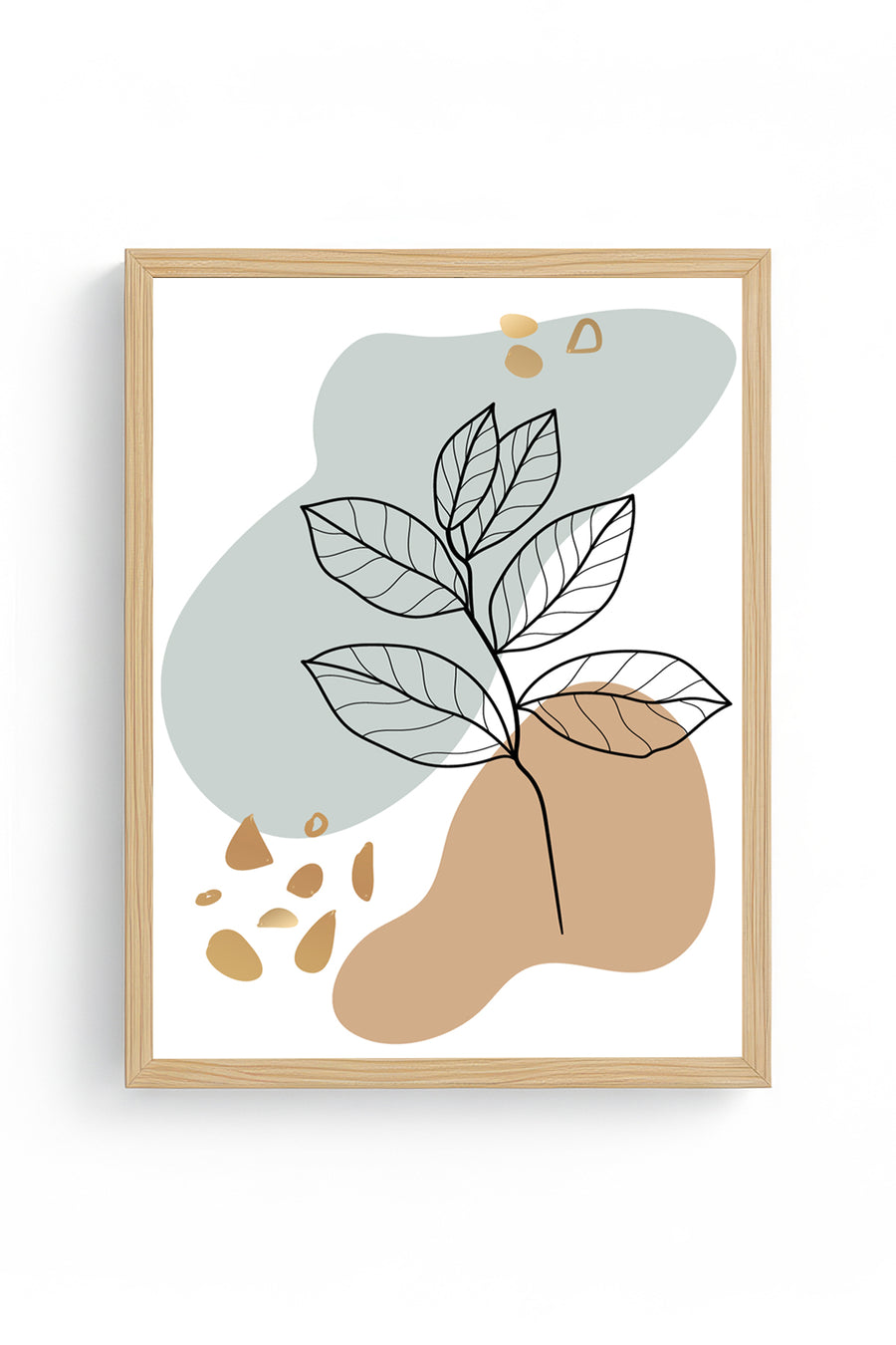 Doğal Ahşap Çerçeveli Minimal Yaprak Desenli Tablo - Pastel Tonlar | huhu1405