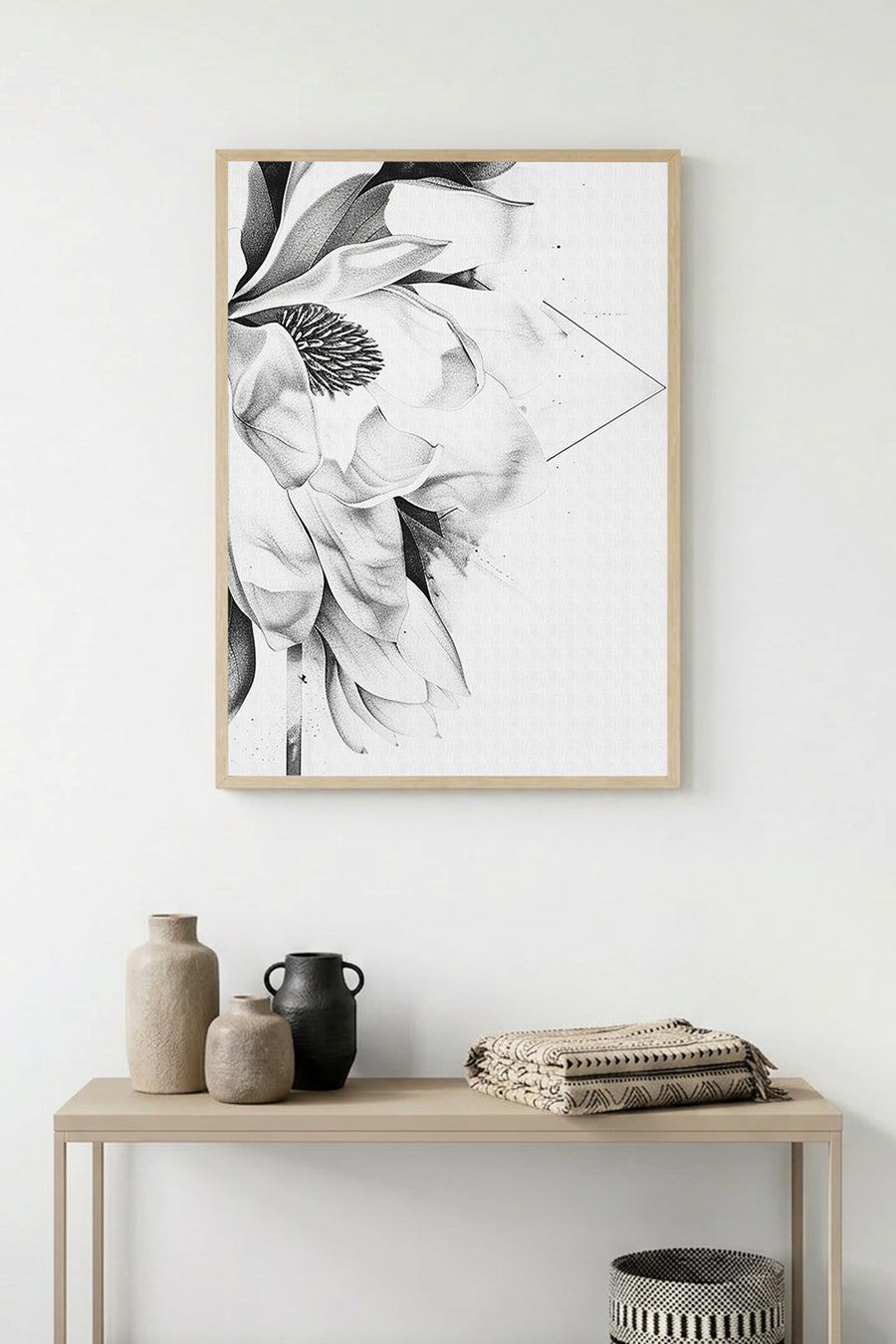 Doğal Ahşap Çerçeveli Çiçek Desenli Tablo - Minimal | huhu1314