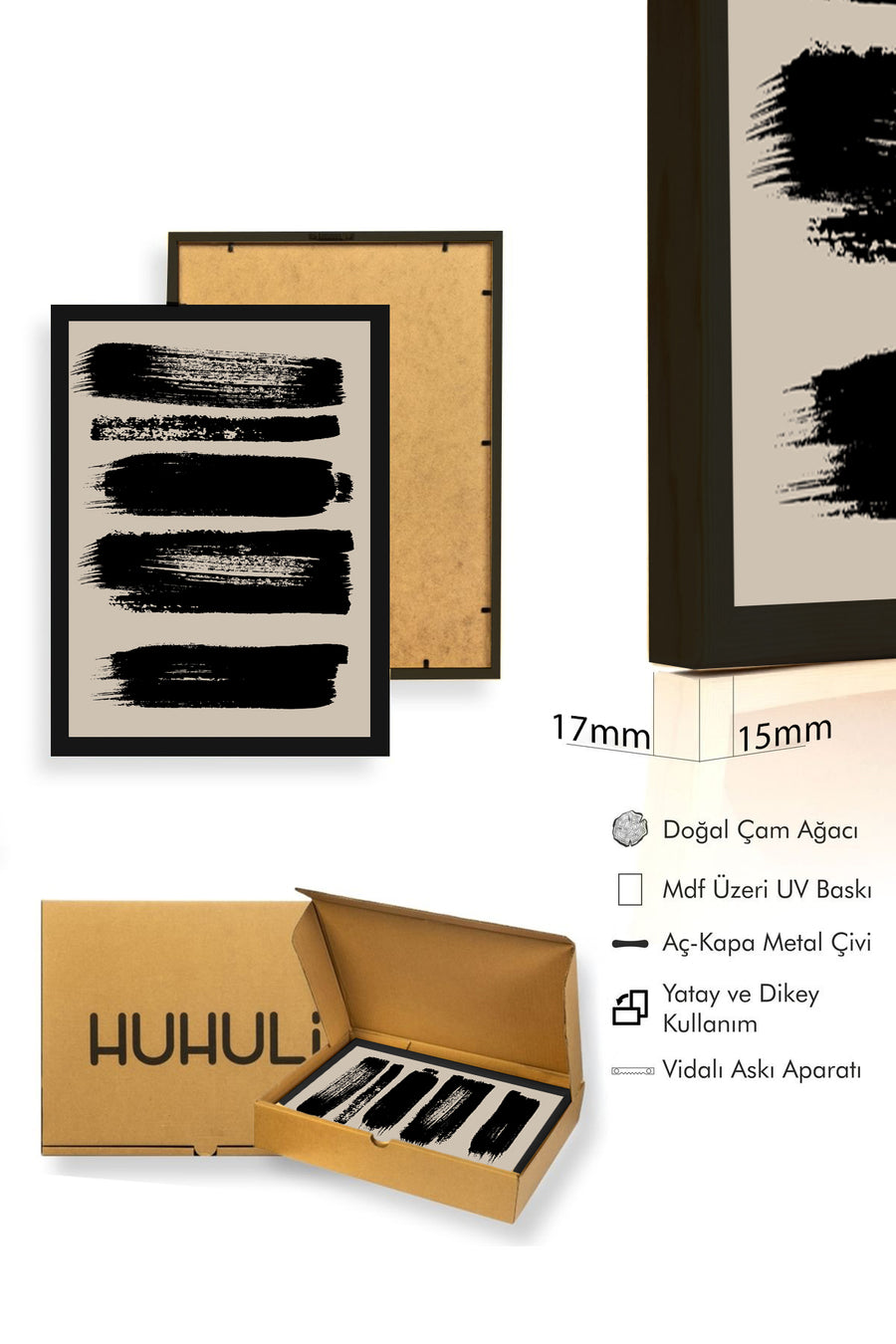 Doğal Ahşap Çerçeveli Soyut Siyah Desenli Tablo - Minimal | huhu1067