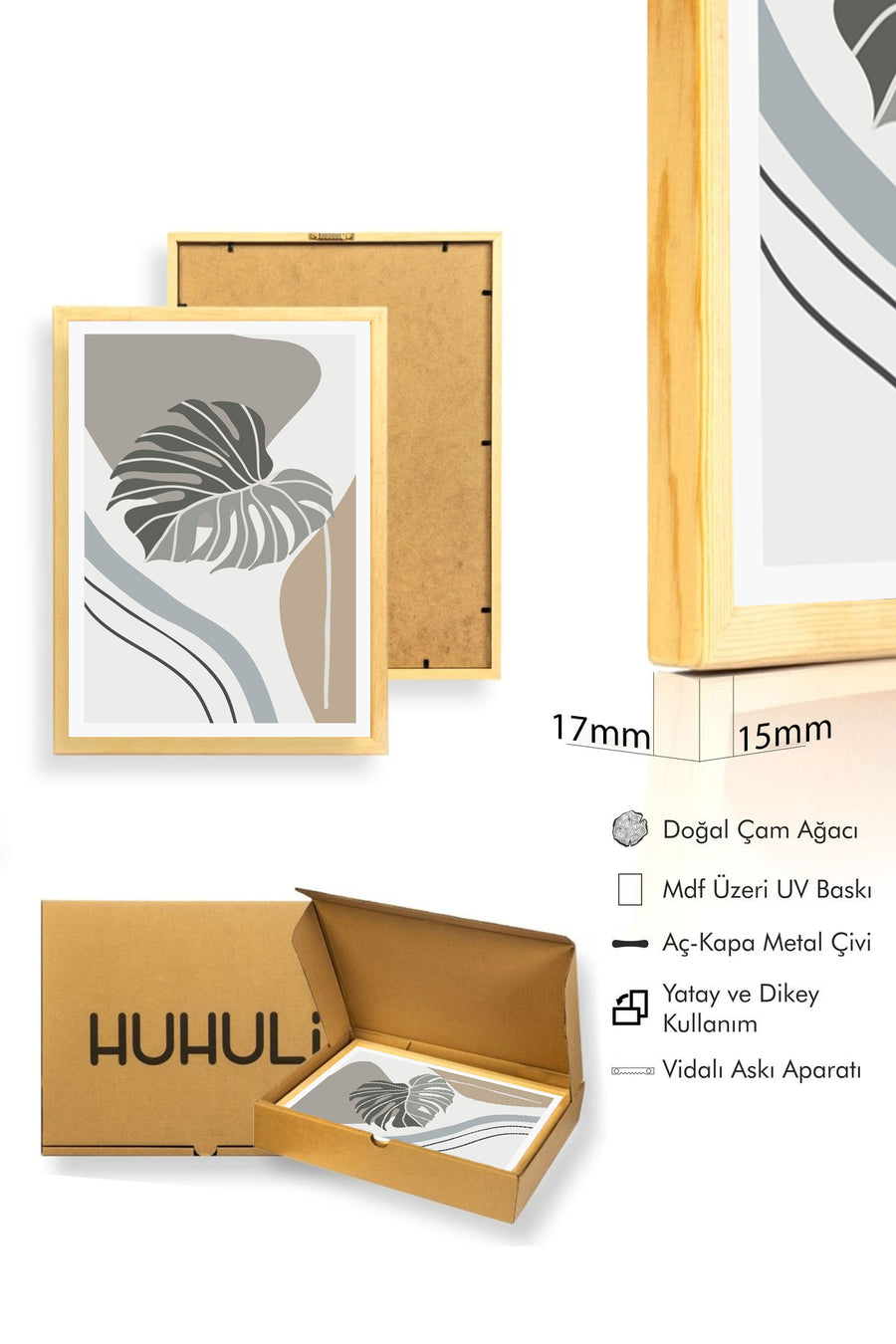 Doğal Ahşap Çerçeveli Minimal Yaprak Desenli Tablo - Pastel Tonlar | huhu1509