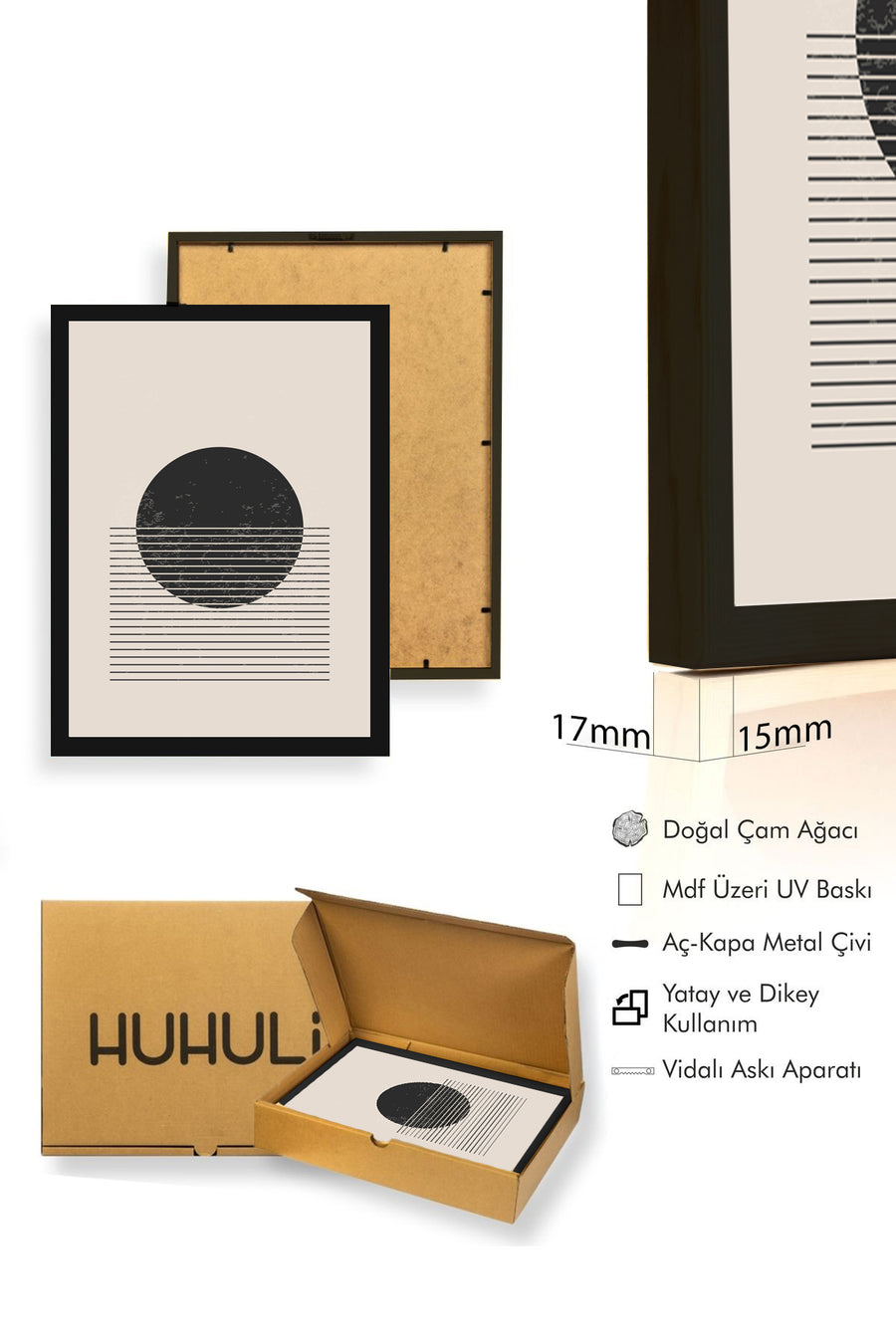 Doğal Ahşap Çerçeveli Minimal Geometrik Desenli Tablo - Pastel | huhu1030