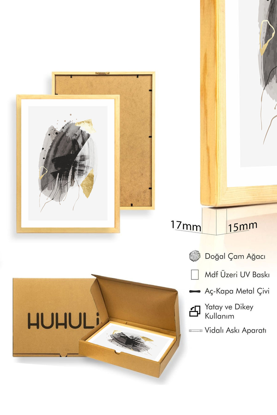 Doğal Ahşap Çerçeveli Soyut Desenli Tablo - Siyah-Gri | huhu1023