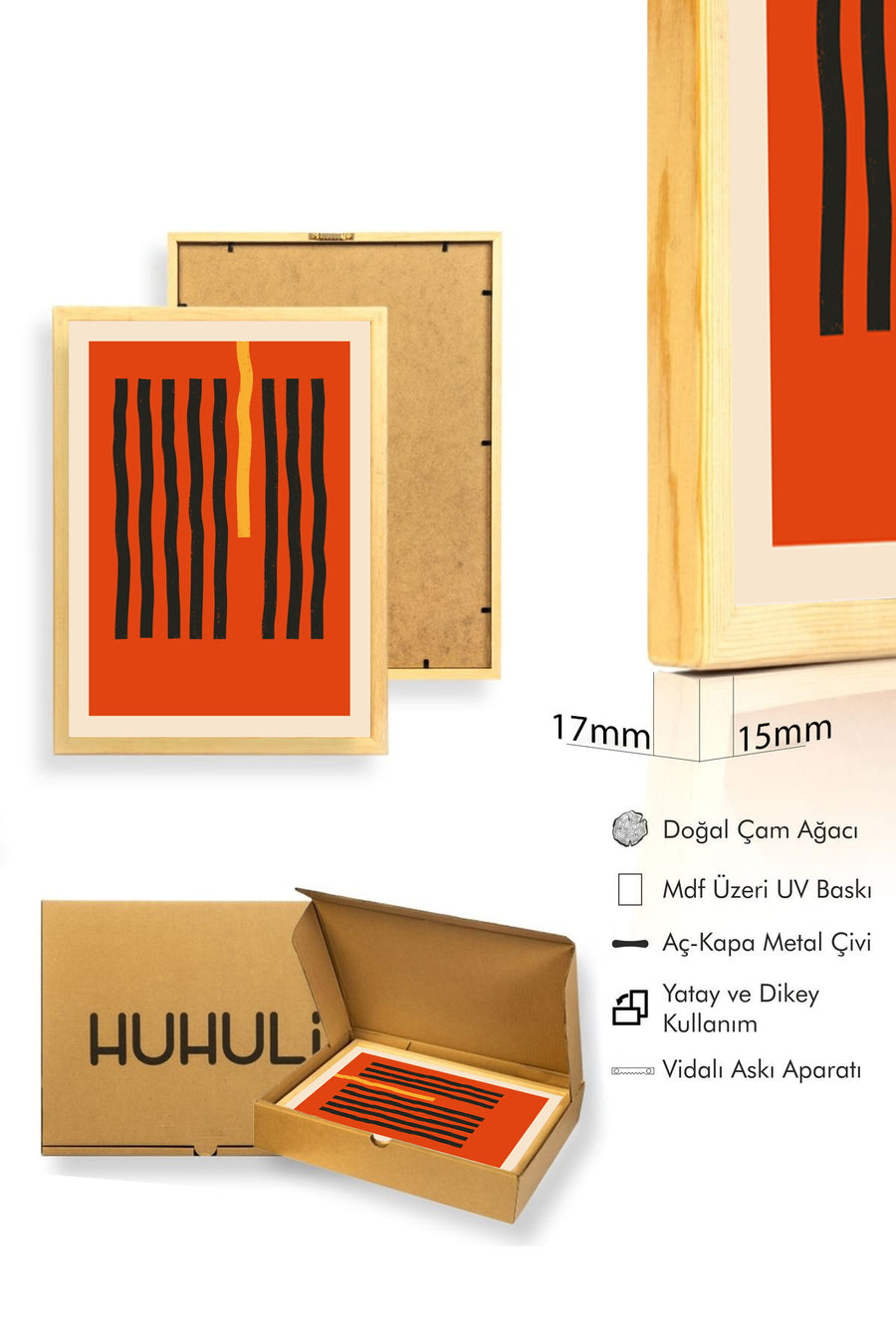 Doğal Ahşap Çerçeveli Soyut Desenli Tablo - Canlı Tonlar | huhu1530