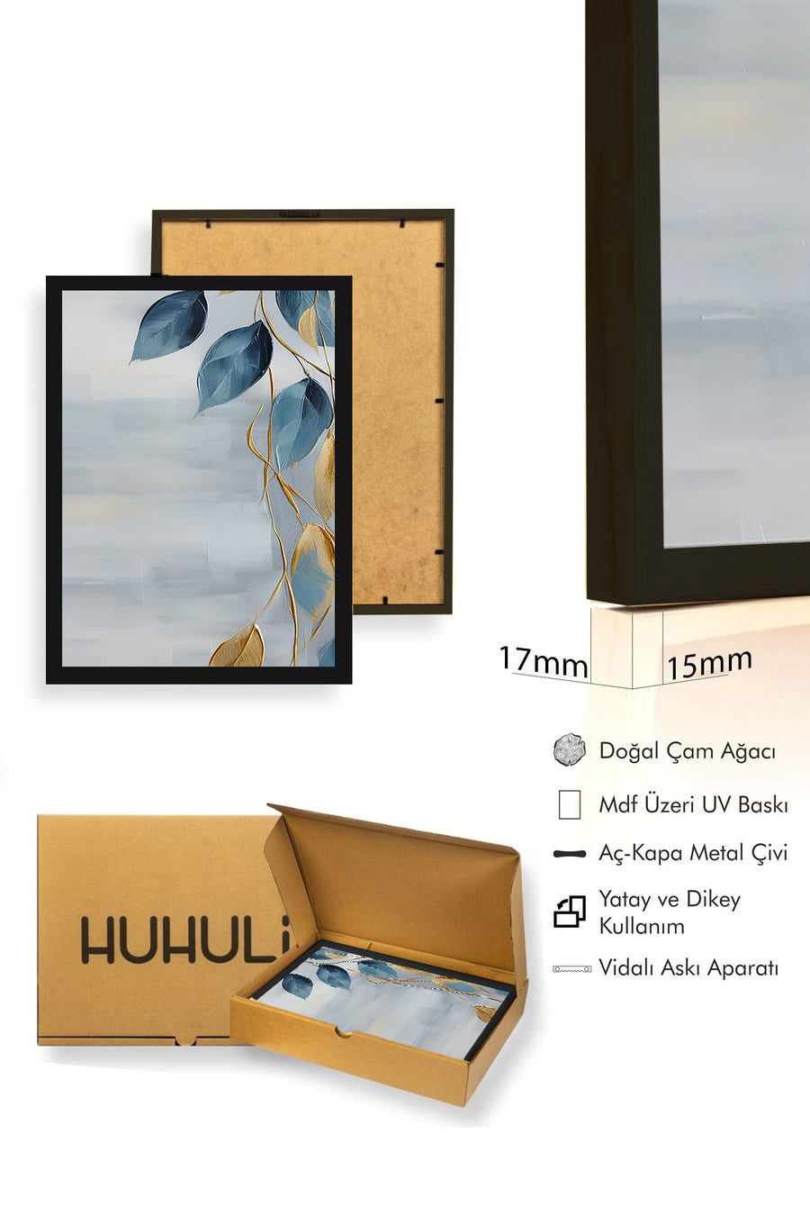 Doğal Ahşap Çerçeveli Yaprak Desenli Tablo - Mavi-Gold | huhu1306