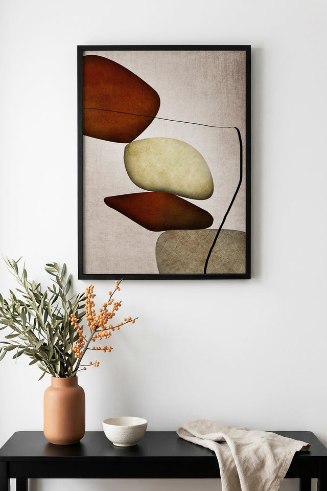 Doğal Ahşap Çerçeveli Soyut Taş Desenli Tablo - Pastel Tonlar | huhu1290