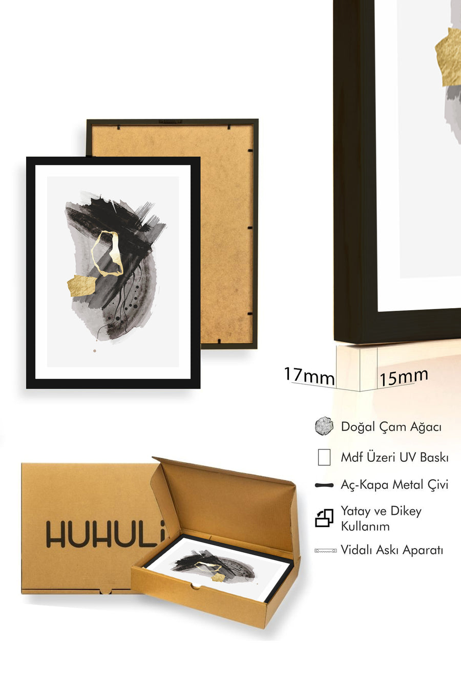 Doğal Ahşap Çerçeveli Soyut Desenli Tablo - Minimal | huhu1022