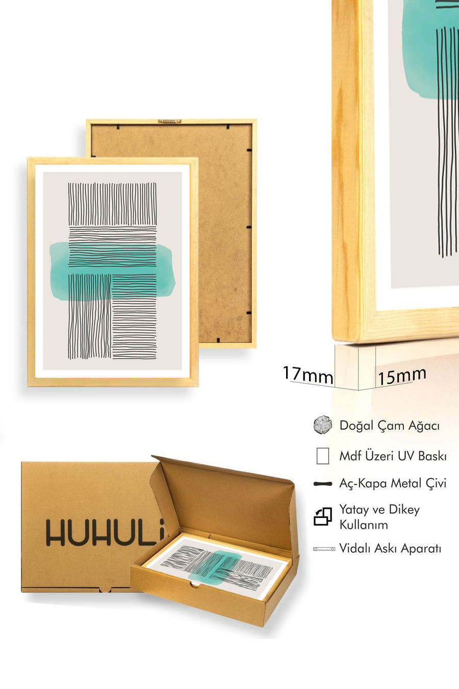 Doğal Ahşap Çerçeveli Çizgisel Desenli Tablo - Minimal | huhu1554