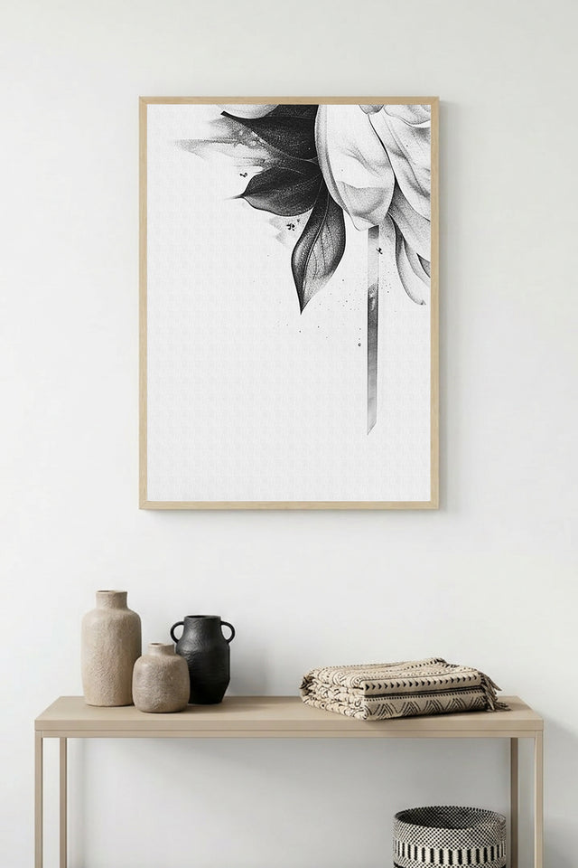 Doğal Ahşap Çerçeveli Minimal Siyah Beyaz Çiçek Desenli Tablo - Modern Tema | huhu1315