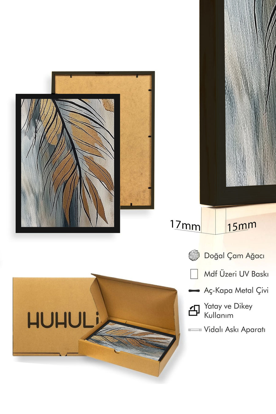 Doğal Ahşap Çerçeveli Yaprak Desenli Tablo - Pastel Tonlar | huhu1308