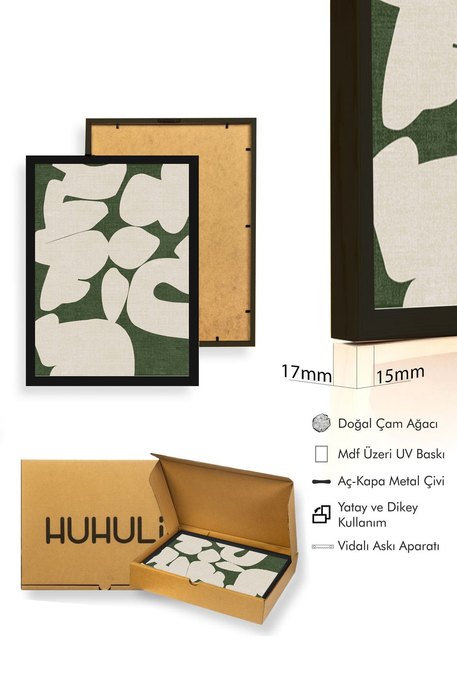 Doğal Ahşap Çerçeveli Soyut Desenli Tablo - Yeşil-Beyaz | huhu1006