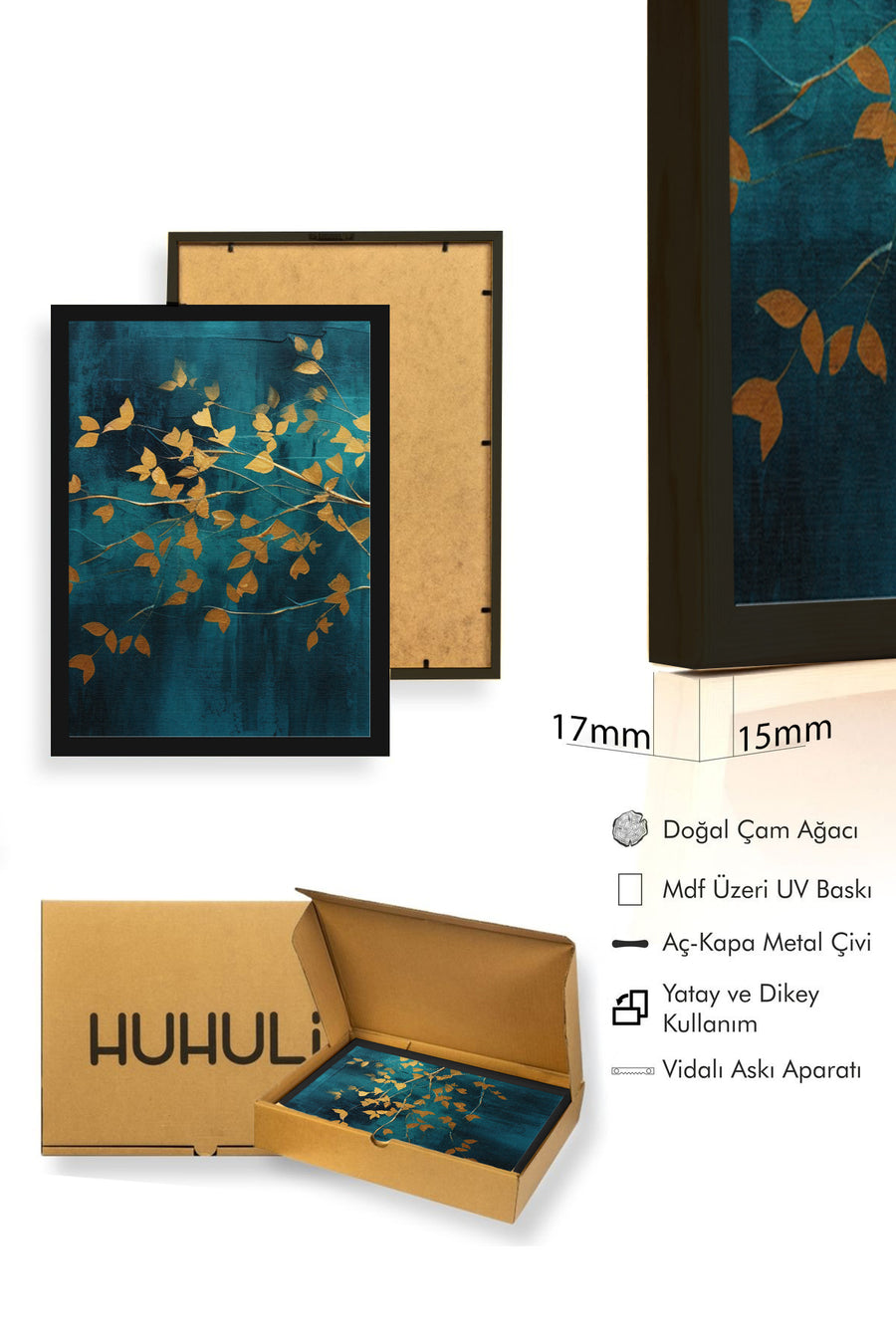 Doğal Ahşap Çerçeveli Yaprak Desenli Tablo - Canlı Tonlar | huhu1332